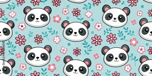 Obraz Cute Panda Seamless Pattern with Floral Design, Blue Background, Cartoon Illustration, Digital Art, Panda Pattern, Floral Pattern