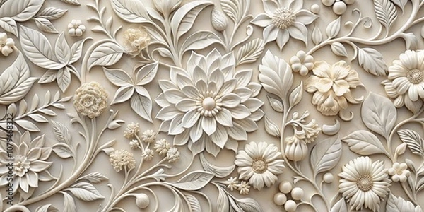 Obraz 3D Floral Pattern with White Flowers and Leaves on Beige Background, floral pattern, 3d art