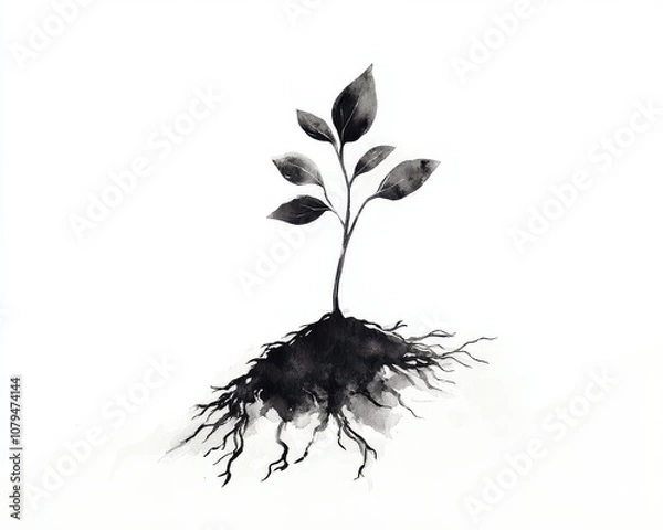 Fototapeta A delicate seedling with roots, emerging from the soil, artistic black and white illustration.