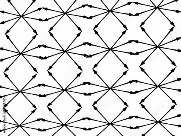 Obraz A digital design of a  repeating geometric pattern made up of interconnected black arrows arranged on a white background. 