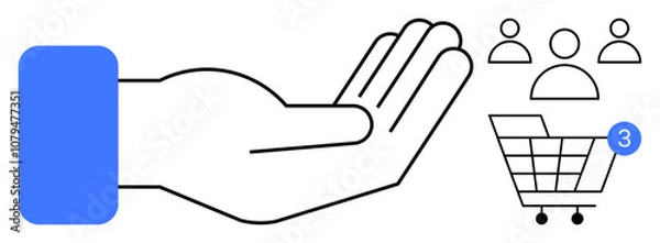 Fototapeta Open hand next to shopping cart with a notification and user icons. Ideal for e-commerce, customer service, online shopping, marketing, sales management, digital platforms, user engagement. Line