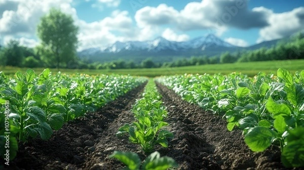 Fototapeta Lush green fields with crops and mountains in the background.