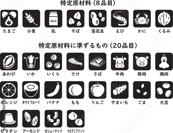 Fototapeta 食物アレルギー　28品目アイコンセット　モノクロ