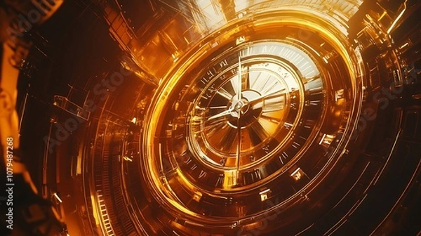 Fototapeta A futuristic clock design with a glowing orange hue, showcasing intricate gears and a modern aesthetic.