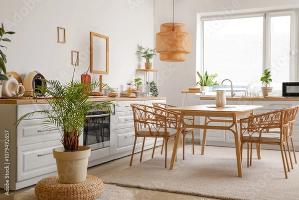 Fototapeta Stylish interior of modern kitchen with dining table and chairs