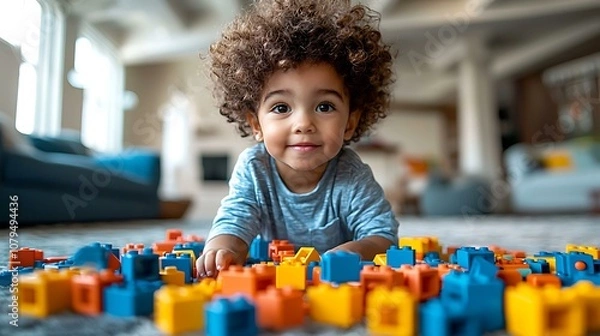 Fototapeta Young children playing with colorful blocks and toys