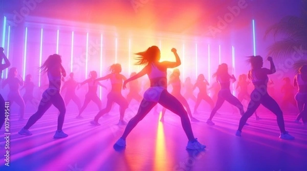 Fototapeta Energetic dance class with diverse group in vibrant colorful fitness studio atmosphere