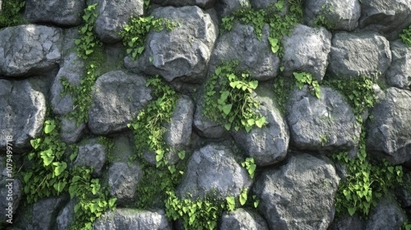 Obraz Textured Stone Wall Covered with Green Ivy and Lush Foliage in a Natural Outdoor Environment Showcasing the Beauty of Nature and Rustic Charm