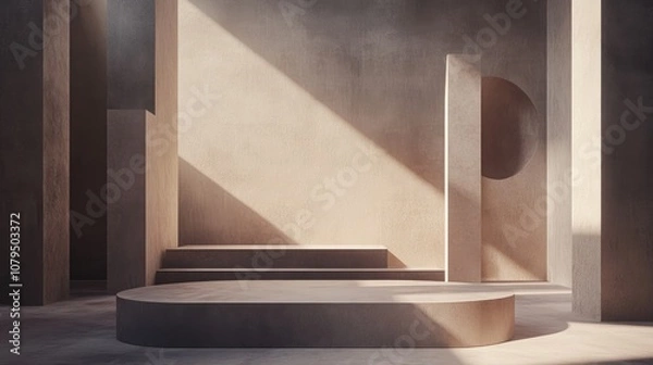 Fototapeta Podium or platform in an abstract setting Minimalistic scene featuring a podium alongside geometric shapes 3D rendering illustration of abstract geometry