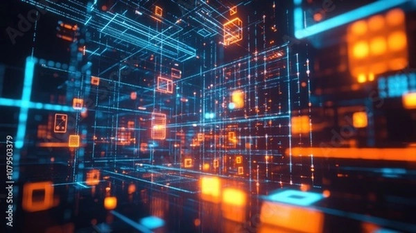 Obraz Illuminated LED technology with luma effects featuring glare cubes digital signals radiant grids and modern data visualization elements like neon flares and quantum computing networks