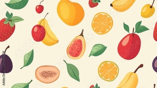 Fototapeta Seamless pattern of fresh fruits suitable for use as wallpaper or website background Ideal for surfaces restaurant or kitchen menus and can also be applied in textiles or book design