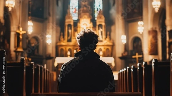Obraz A man sits in a church pew, looking towards the altar, with the stained glass windows in the background.