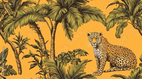 Fototapeta Seamless tropical pattern featuring hand drawn palm trees and Asian leopards perfect for textile and wallpaper design