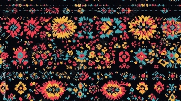 Obraz Embroidered seamless ethnic ornament featuring cross stitch design on a black background Bohemian mat with influences from Mexican chenille Georgian motifs and Slavic thematic patterns