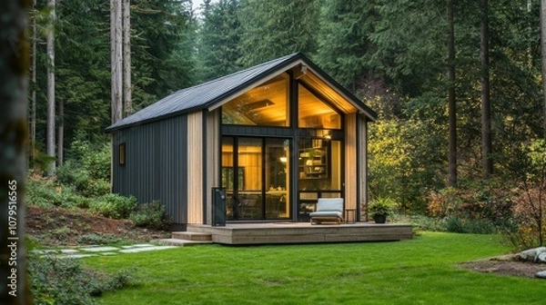 Fototapeta Cozy Modern Cabin Amidst Lush Greenery