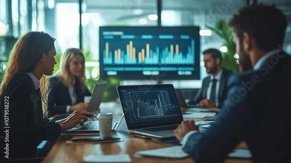 Obraz business team gathered around a table in a boardroom, discussing strategies for the upcoming quarter, using laptops and charts to analyze data and make decisions