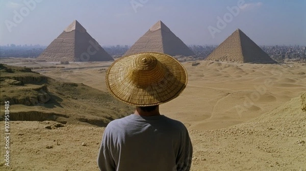 Fototapeta Diverse Traveler Gazes at Ancient Pyramids in Egypt