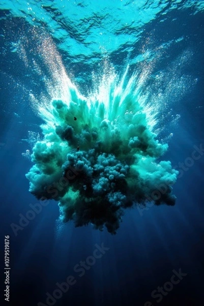 Fototapeta A captivating underwater explosion creates a cloud of bubbles and particles, showcasing the beauty and power of marine phenomena.