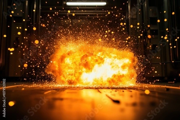 Fototapeta A fiery explosion sends sparks flying in a dimly lit environment, creating a dramatic visual effect.