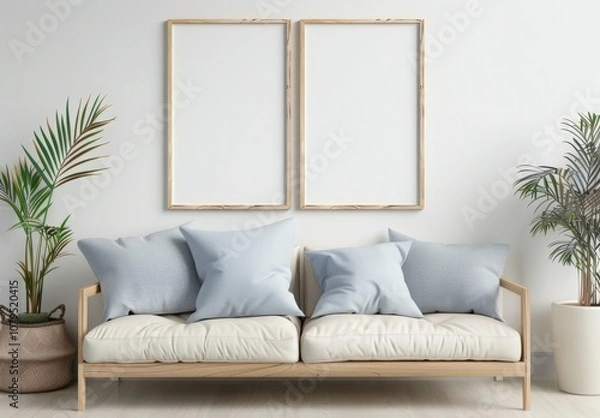 Fototapeta Two empty picture frames hanging above a white couch with blue throw pillows in a minimalist living room