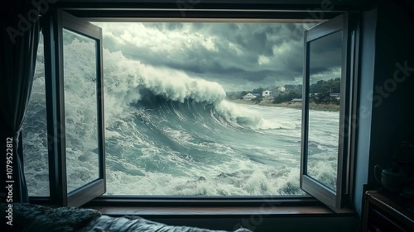 Fototapeta 巨大地震で押し寄せる津波