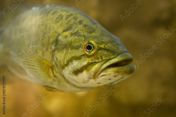 Fototapeta Close up with a Largemouth Bass (Micropterus nigricans). Warm sun filled water inhabited by freshwater fish. Underwater photo of a popular sport fish, fishing and angling. Controlled Conditions