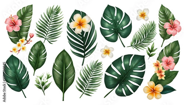 Obraz Acrylic paint tropical spring leaves and flowers on transparent PNG for cards and decor.