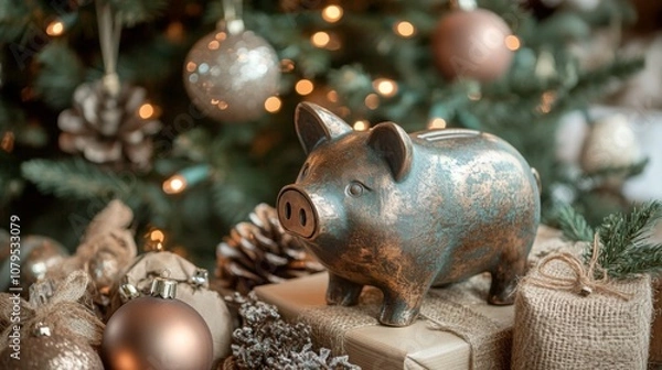 Fototapeta A rustic-looking piggy bank sits on top of a wrapped gift box under a decorated Christmas tree. The gift is wrapped in brown paper and tied with twine.