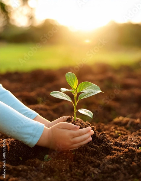 Fototapeta vertical image.  child hand holding young plants with sunlight on green nature background. earth day eco concept