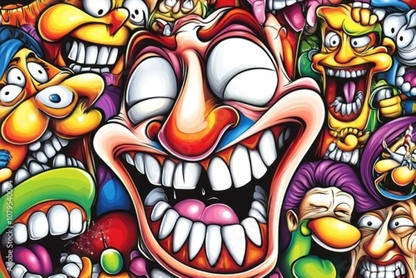 Fototapeta A vibrant collage of exaggerated, cartoonish faces showcasing humor and expression.