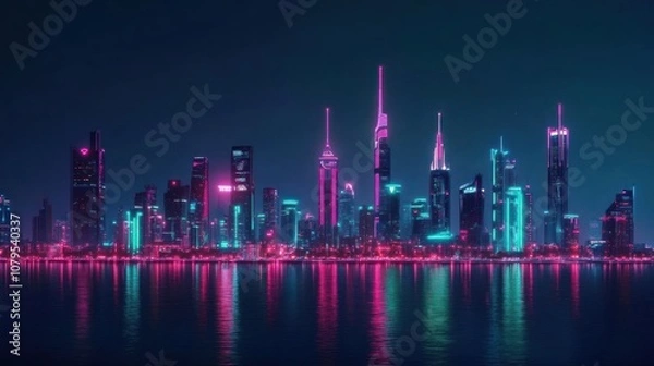 Obraz A futuristic cityscape illuminated by neon lights reflecting in the water at night.