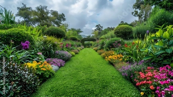 Fototapeta A long, grassy path is lined with colorful flowers and bushes