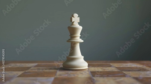 Fototapeta White chess piece is on a wooden board. The piece is a king. The board is a checkered pattern