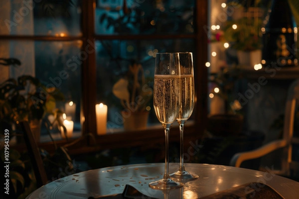 Fototapeta Two Glasses of Champagne to Celebrate the Countdown to New Year 2025 in a Festive, Romantic Atmosphere