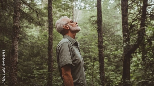 Fototapeta Man is standing in a forest, looking up at the sky. He is wearing glasses and a green shirt. Scene is peaceful and serene, as the man takes a moment to appreciate the beauty of nature
