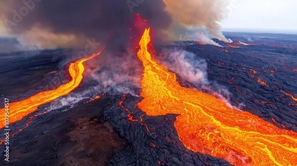 Fototapeta Lava flow from an erupting volcano, dramatic landscape with smoke and fire.