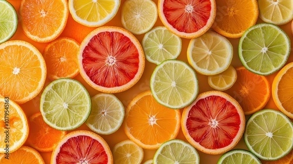 Fototapeta Fresh Sliced Citrus Fruits - Oranges, Grapefruits, Lemons & Limes - Top View