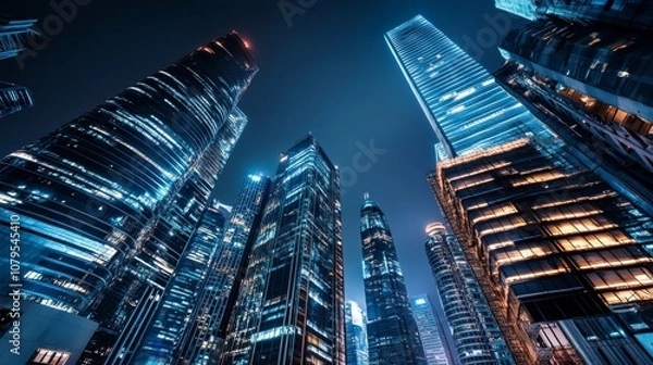 Fototapeta Nighttime view of a technologically advanced city with sleek, illuminated skyscrapers. Premium background for the latest technology needs. 