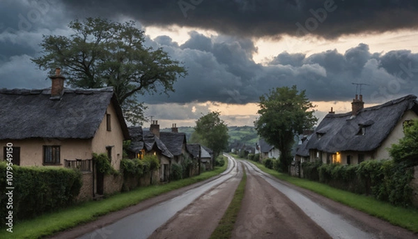 Fototapeta Quiet Village Road at Dusk Under a Brooding Sky with Heavy Clouds
