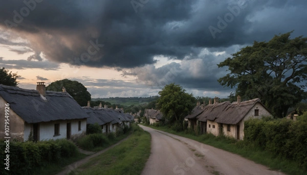 Fototapeta Quiet Village Road at Dusk Under a Brooding Sky with Heavy Clouds