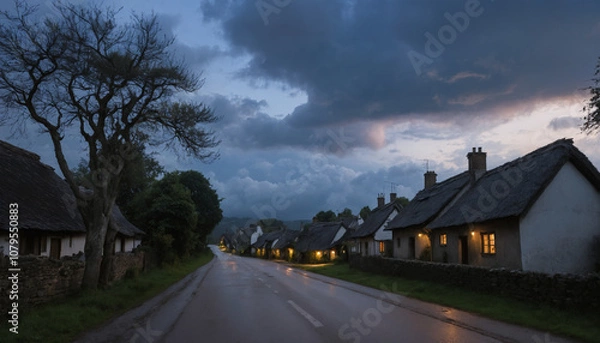 Fototapeta Quiet Village Road at Dusk Under a Brooding Sky with Heavy Clouds