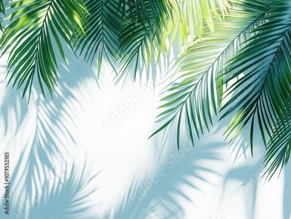 Fototapeta Palm Leaf Shadows on Blue Background - Tropical Summer Design Element.