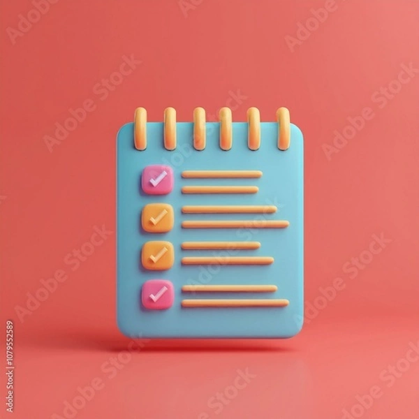 Fototapeta SEO relevance concept. A colorful, 3D notepad with checkboxes, symbolizing task completion and organization against a vibrant background.