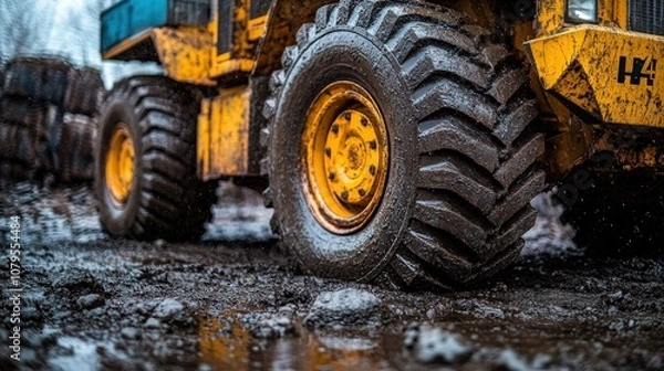Fototapeta Close-up of a muddy tire on a yellow tractor.