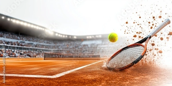 Fototapeta Tennis action shot of a racket hitting a ball on a clay court at roland garros dynamic image sport environment close-up view athletic concept