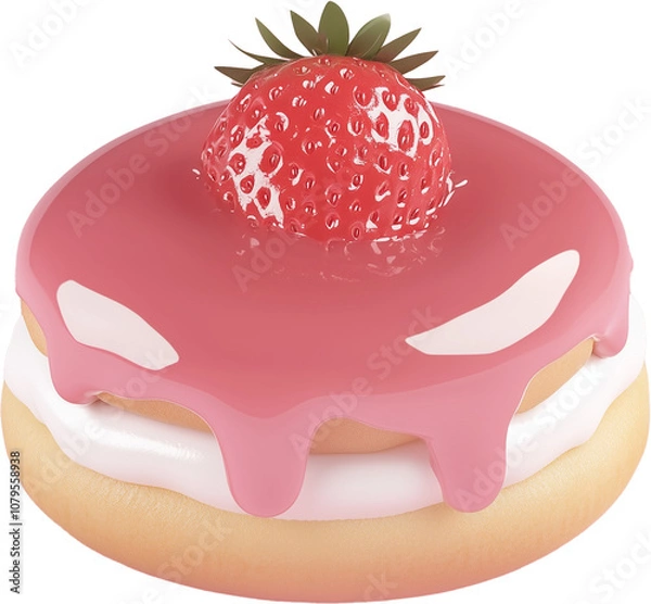 Fototapeta Delicious strawberry frosted donut with creamy filling and fresh fruit topping on a simple white background