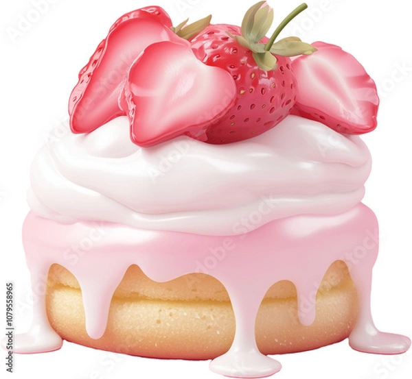 Fototapeta Delicious strawberry frosted donut with creamy filling and fresh fruit topping on a simple white background