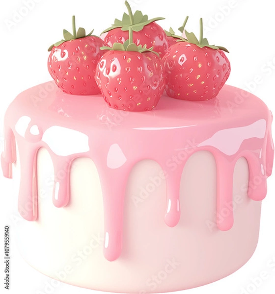 Fototapeta A delicious pink cake topped with fresh strawberries and dripping icing