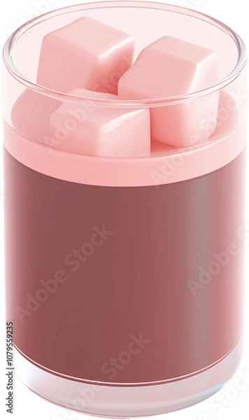 Fototapeta A pastel pink and brown scented candle with decorative wax cubes in a clear glass holder displayed on a clean surface