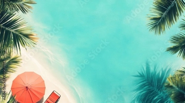 Fototapeta An aerial view of a tropical beach with an umbrella and lounge chair.